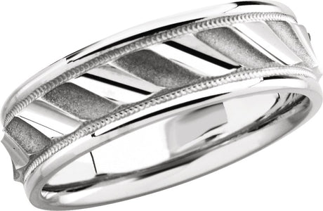 Sterling Silver 6.75 mm Milgrain Edge Diagonal Grooved Comfort-Fit Half Round Band Size 8.5