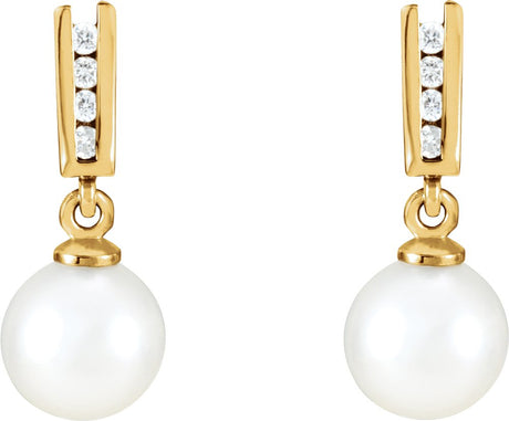14K Yellow Gold Cultured White Akoya Pearl & 1/10 CTW Natural Diamond Earrings