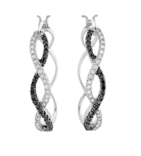 14K White Gold 1/2 CTW Black & White Natural Diamond Hoop Earrings 