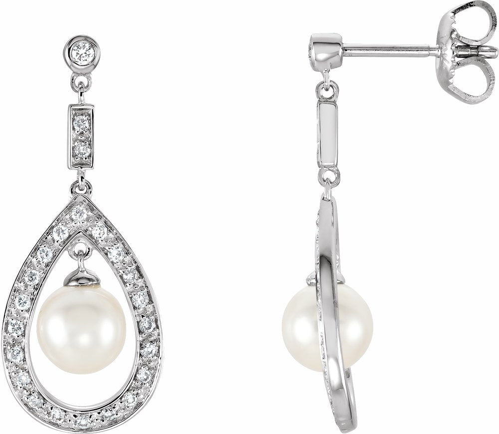 14K White Gold Cultured White Freshwater Pearl & 1/4 CTW Natural Diamond Earrings