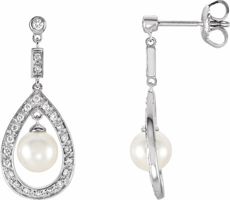 14K White Gold Cultured White Freshwater Pearl & 1/4 CTW Natural Diamond Earrings