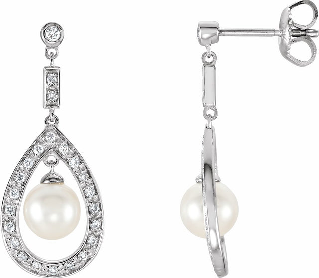 14K White Gold Cultured White Freshwater Pearl & 1/4 CTW Natural Diamond Earrings