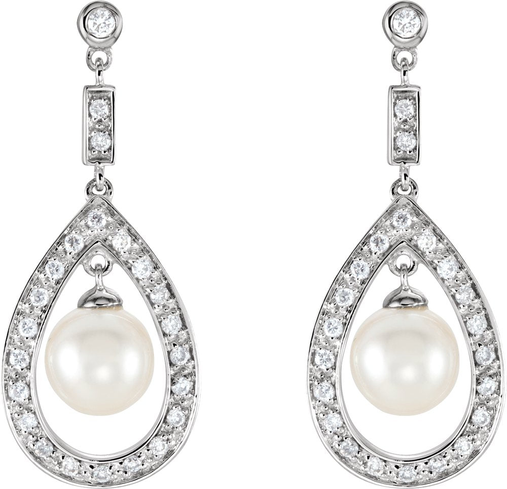 14K White Cultured White Freshwater Pearl & 1/4 CTW Natural Diamond Earrings