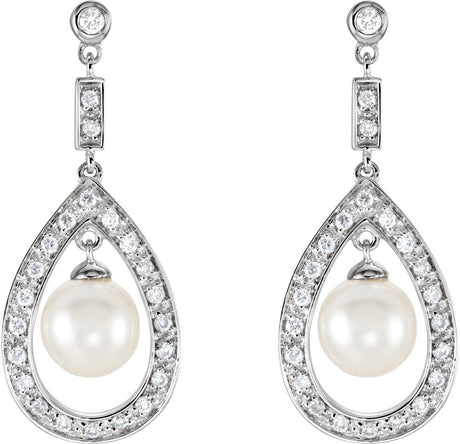 14K White Cultured White Freshwater Pearl & 1/4 CTW Natural Diamond Earrings