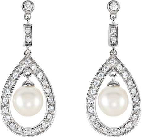 14K White Gold Cultured White Freshwater Pearl & 1/4 CTW Natural Diamond Earrings