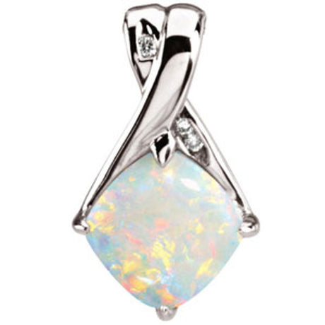 14K White Natural White Opal & .025 CTW Natural Diamond Pendant