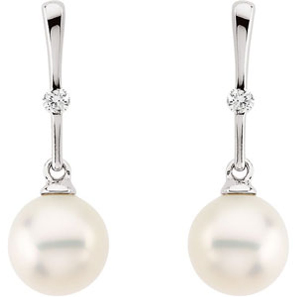 14K White Gold Cultured White Freshwater Pearl & .06 CTW Natural Diamond Earrings