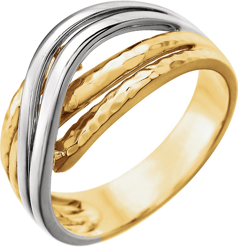 14K Yellow/White Rhodium-Plated Criss-Cross Hammered Ring