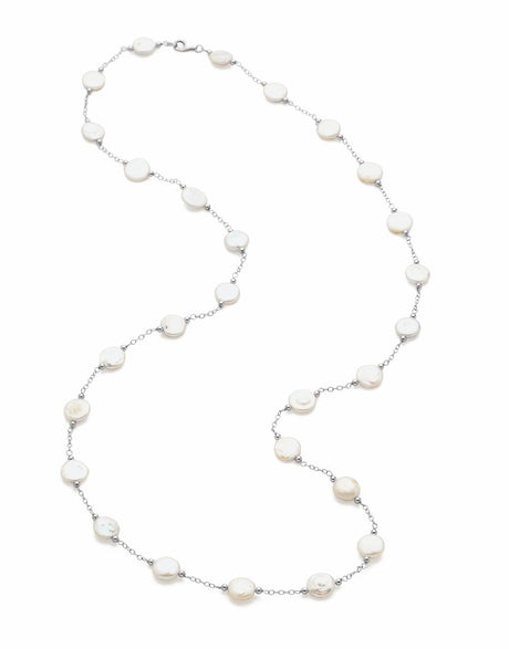 Sterling Silver 12-13 mm Cultured White Freshwater Pearl Coin 38" Necklace