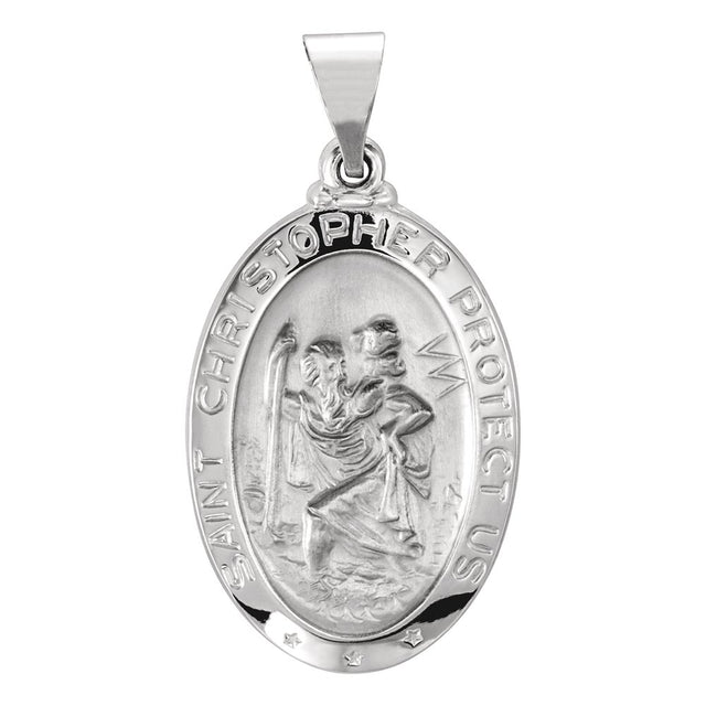 14K White 23.5x16 mm Oval Hollow St. Christopher Medal