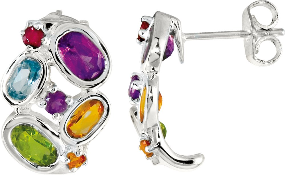 Sterling Silver Multi-Gemstone J-Hoop Earrings