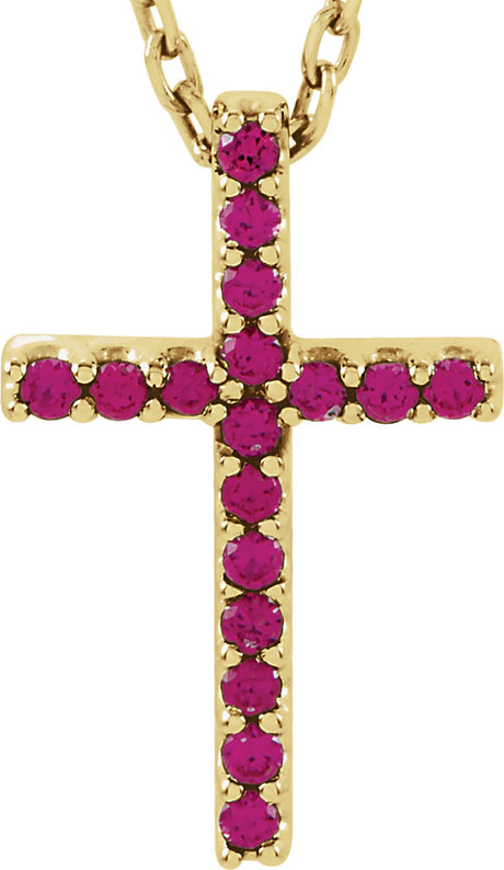 14K Yellow Gold Natural Ruby Petite Cross 16" Necklace