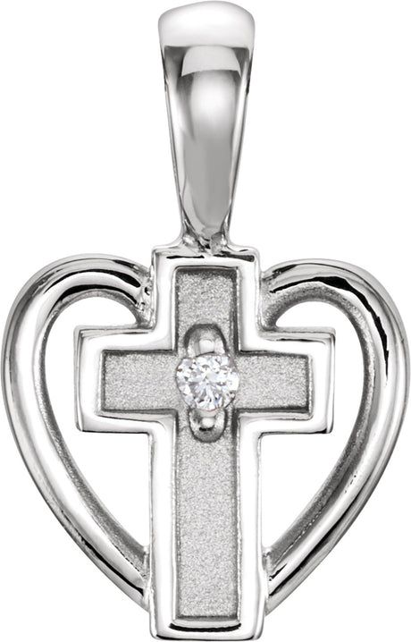 14K White Gold .01 CT Natural Diamond Cross & Heart Pendant
