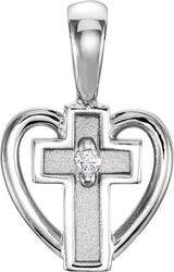14K White .01 CT Natural Diamond Cross & Heart Pendant