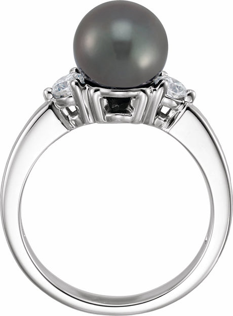 14K White Cultured Black Akoya Pearl & 1/4 CTW Natural Diamond Ring