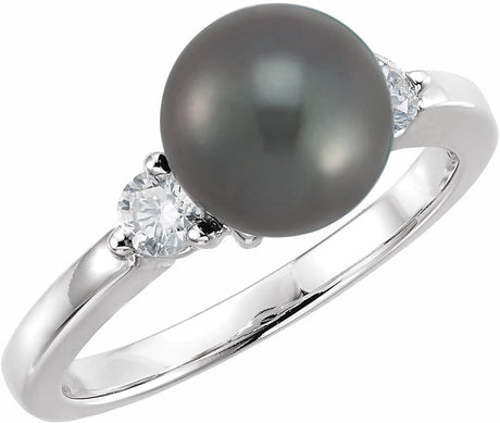 14K White Cultured Black Akoya Pearl & 1/4 CTW Natural Diamond Ring
