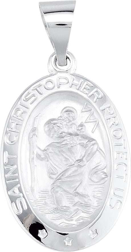 14K White Gold 19x13.5 mm Oval Hollow St. Christopher Medal