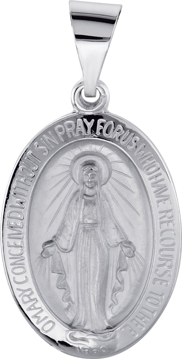 14K White Gold 19x13.5 mm Oval Hollow Miraculous Medal