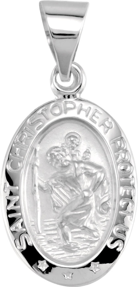 14K White 15x11 mm Oval Hollow St. Christopher Medal