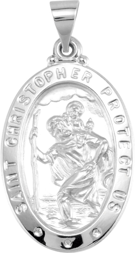 14K White 25x17 mm Oval Hollow St. Christopher Medal