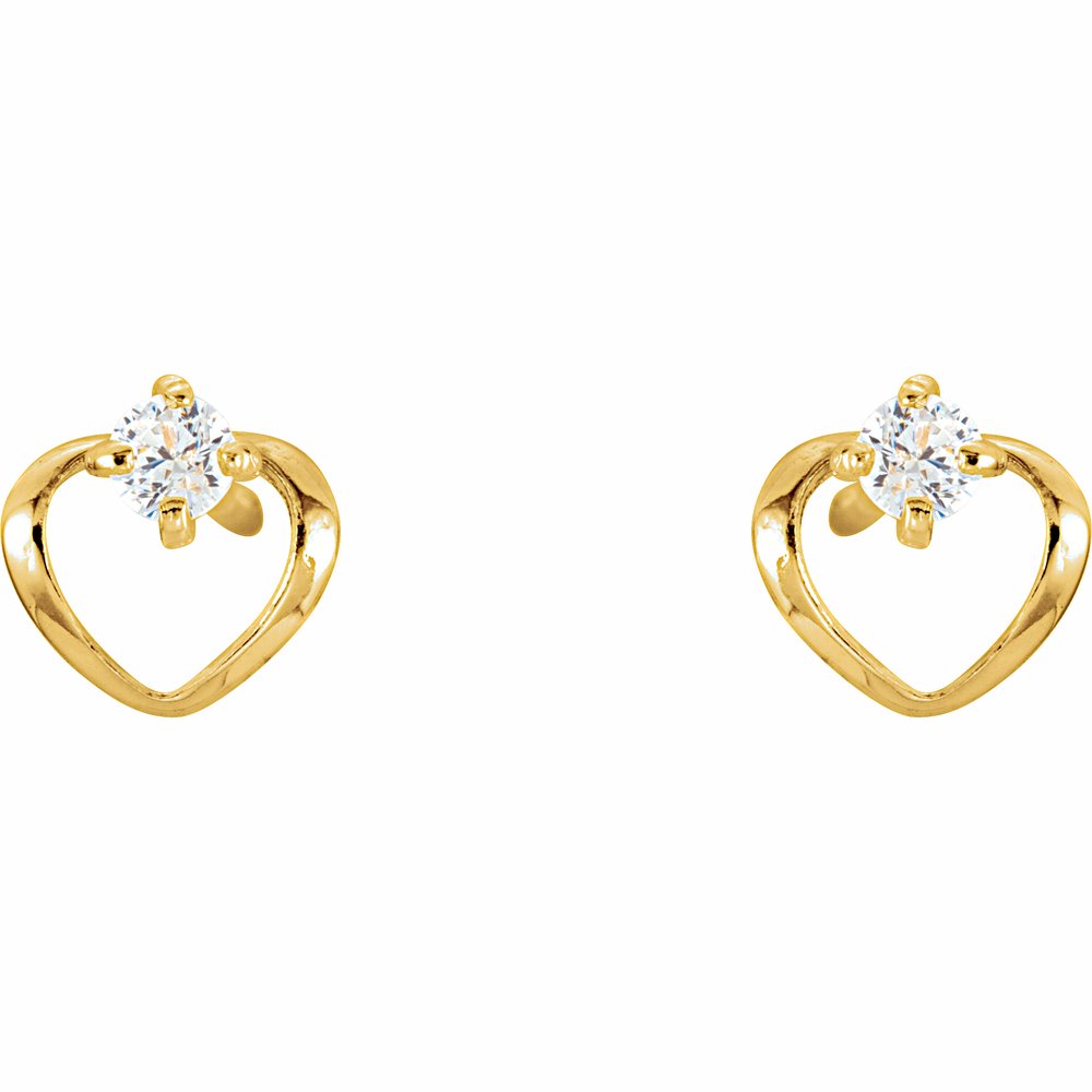 14K Yellow Gold Imitation White Cubic Zirconia Youth Heart Earrings