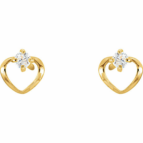 14K Yellow Gold Imitation White Cubic Zirconia Youth Heart Earrings