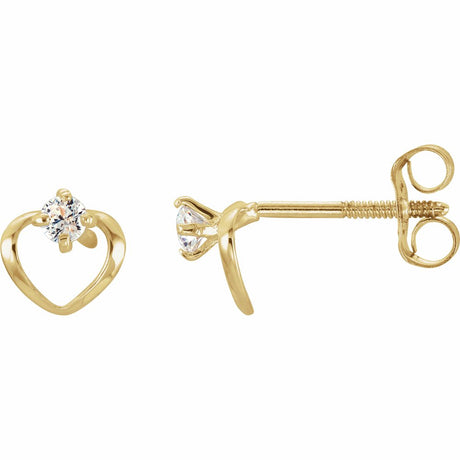 14K Yellow Gold Imitation White Cubic Zirconia Youth Heart Earrings