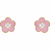 14K Yellow 2 mm Imitation White Cubic Zirconia & Pink Enamel Flower Youth Earrings