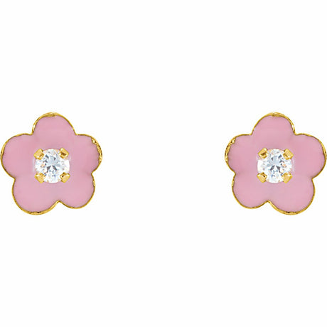 14K Yellow 2 mm Imitation White Cubic Zirconia & Pink Enamel Flower Youth Earrings