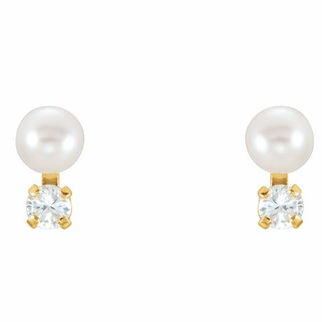 14K Yellow Cultured White Freshwater Pearl & Imitation White Cubic Zirconia Earrings