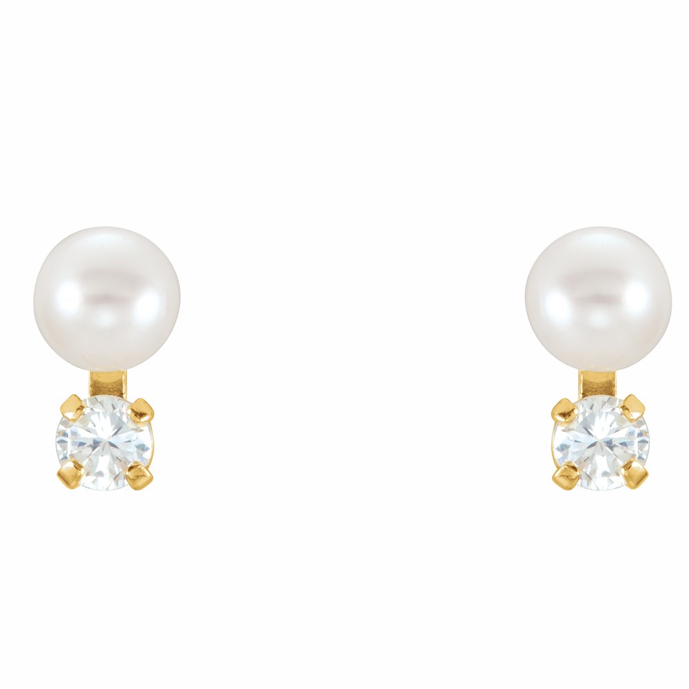 14K Yellow Cultured White Freshwater Pearl & Imitation White Cubic Zirconia Earrings