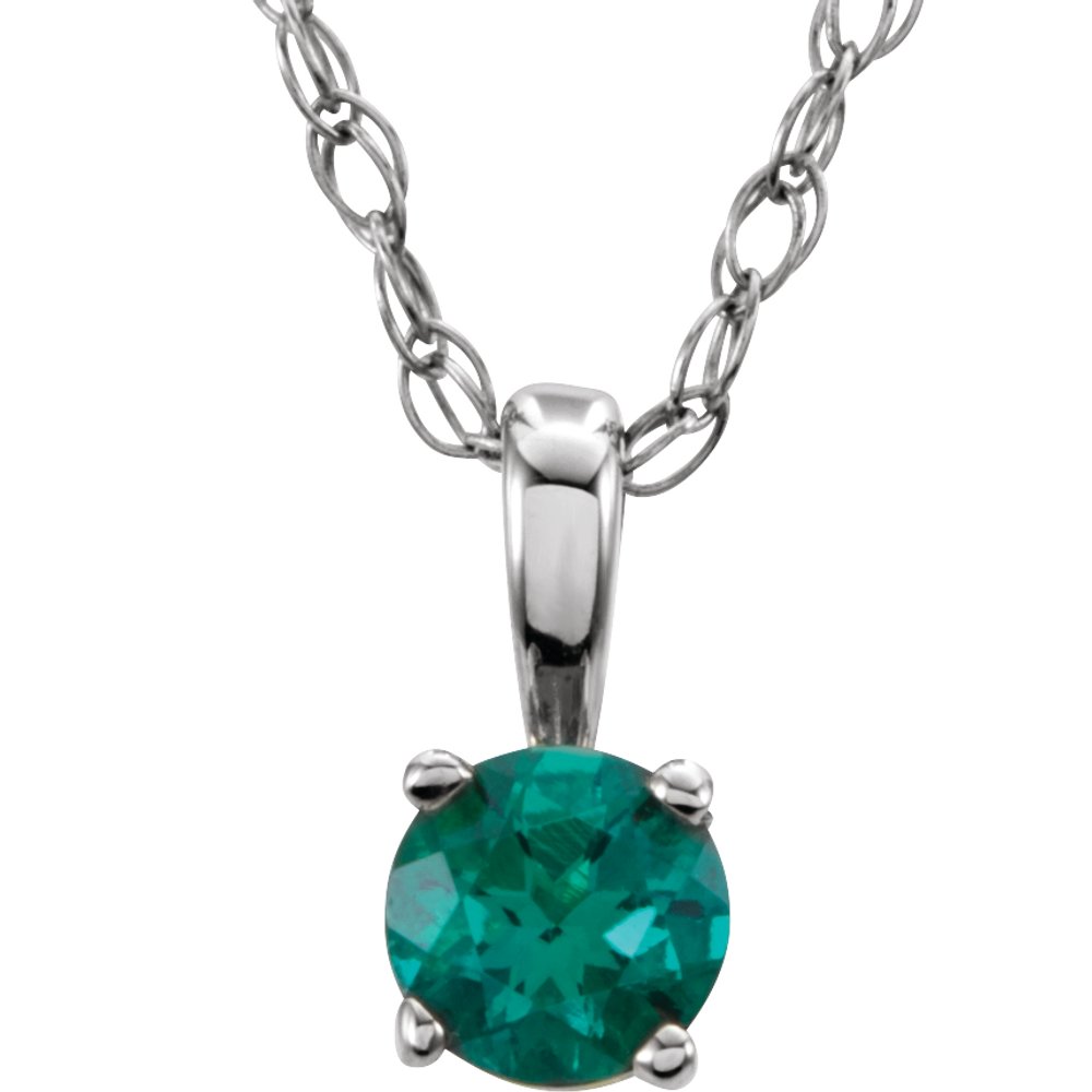 14K White 3 mm Natural Emerald Youth Solitaire 14" Necklace