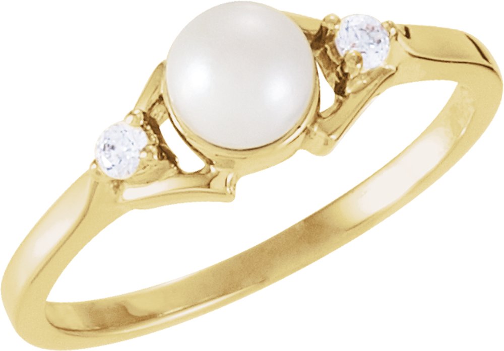 14K Yellow Gold Cultured White Akoya Pearl & .06 CTW Natural Diamond Ring