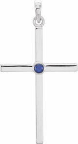 14K White Gold Natural Blue Sapphire Cross Pendant