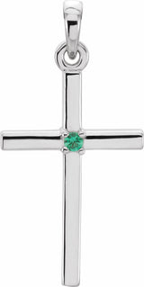 14K White Gold Natural Emerald Cross Pendant