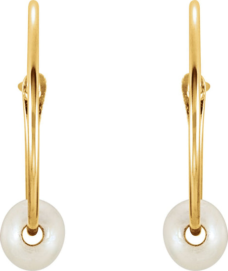 14K Yellow Gold Cultured White Freshwater Pearl Youth Huggie Earrings