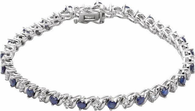 14K White Lab-Grown Blue Sapphire & 1/10 CTW Natural Diamond Line 7" Bracelet