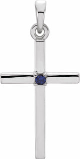 14K White Natural Blue Sapphire Cross Pendant