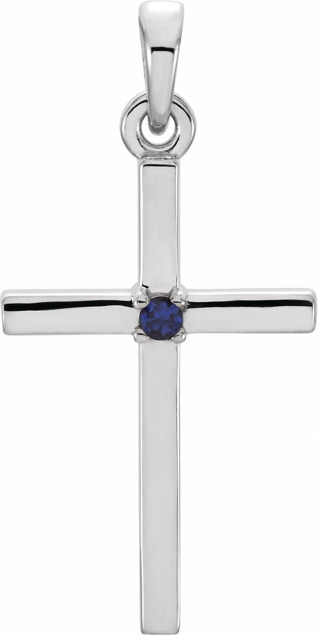 14K White Natural Blue Sapphire Cross Pendant