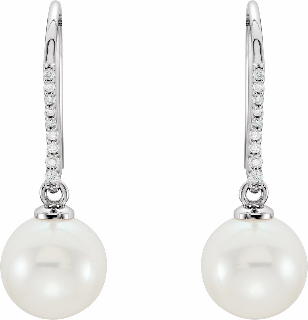 14K White Gold Cultured White Freshwater Pearl & 1/8 CTW Natural Diamond Earrings