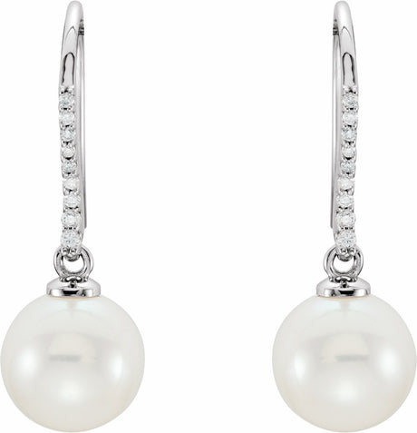 14K White Gold Cultured White Freshwater Pearl & 1/8 CTW Natural Diamond Earrings