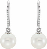 14K White Gold Cultured White Freshwater Pearl & 1/8 CTW Natural Diamond Earrings