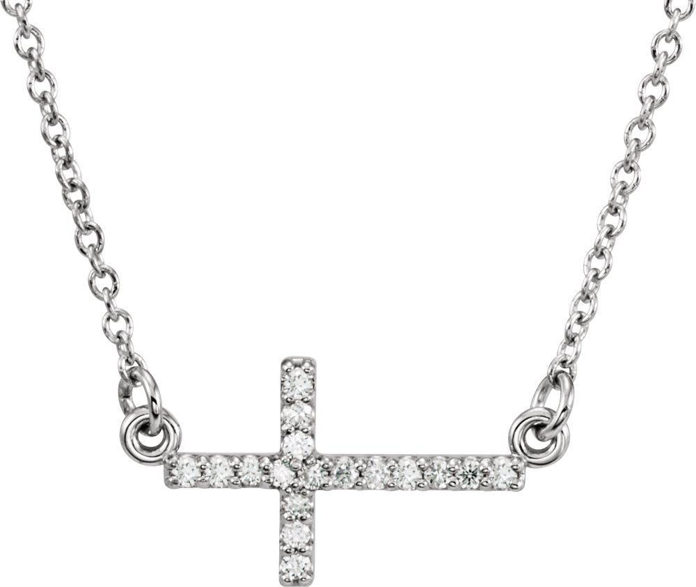 14K White Gold .07 CTW Natural Diamond Sideways Cross 16-18" Necklace