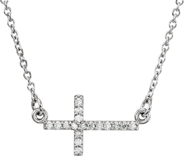 14K White Gold .07 CTW Natural Diamond Sideways Cross 16-18" Necklace