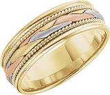 14K Yellow/White/Rose 7 mm Rope Edge Hand-Woven Comfort-Fit Flat Band Size 10.5