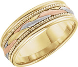 14K Yellow/White/Rose Gold 7 mm Rope Edge Hand-Woven Comfort-Fit Flat Band Size 12