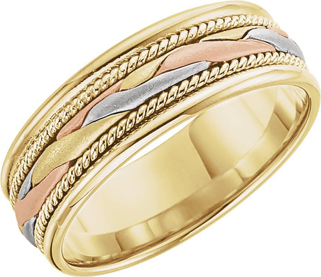14K Yellow/White/Rose Gold 7 mm Rope Edge Hand-Woven Comfort-Fit Flat Band Size 12