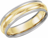 14K White/Yellow/White 6 mm Milgrain Edge Grooved Comfort-Fit Half Round Band Size 7