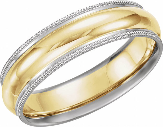 14K White/Yellow/White 6 mm Milgrain Edge Grooved Comfort-Fit Half Round Band Size 9.5