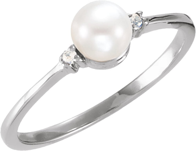 14K White Gold Cultured White Freshwater Pearl & .02 CTW Natural Diamond Ring